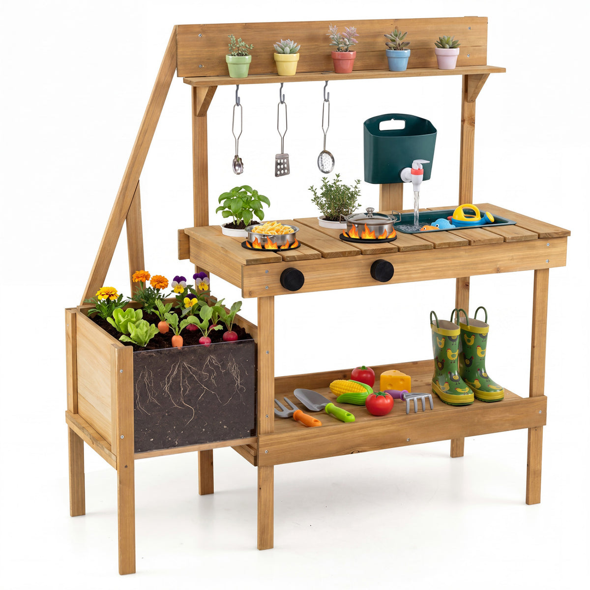 Kids Mud Kitchen Wooden Play Kitchen with Planter Box-Natural