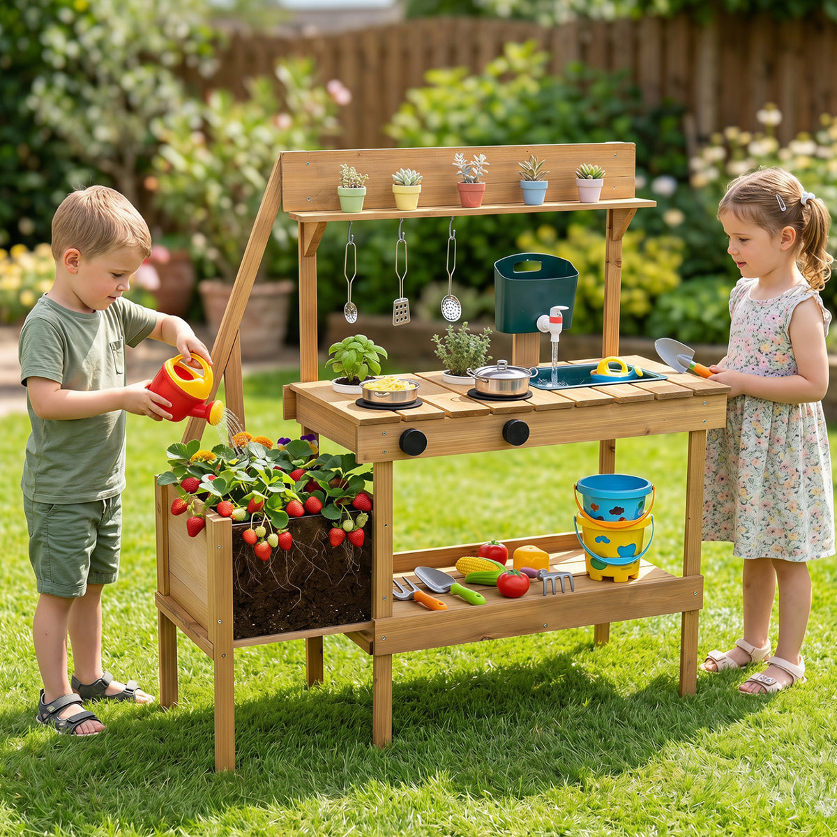 Kids Mud Kitchen Wooden Play Kitchen with Planter Box-Natural view 3