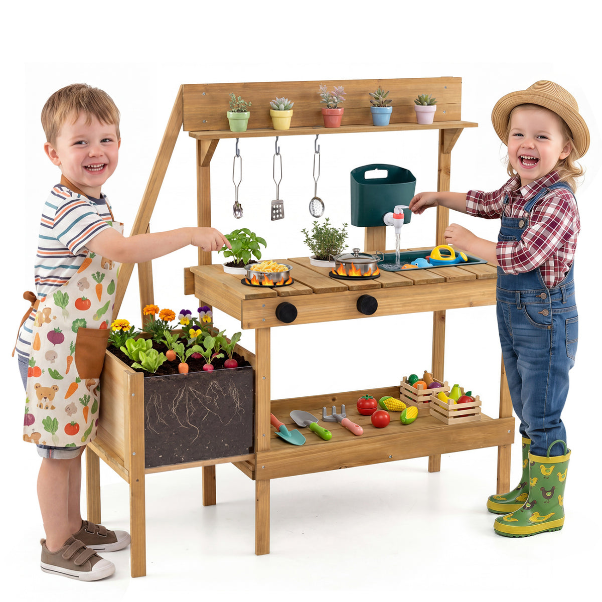 Kids Mud Kitchen Wooden Play Kitchen with Planter Box-Natural view 4