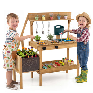 Kids Mud Kitchen Wooden Play Kitchen with Planter Box-Natural view 4