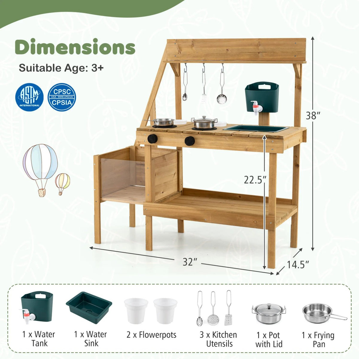 Kids Mud Kitchen Wooden Play Kitchen with Planter Box-Natural view 5