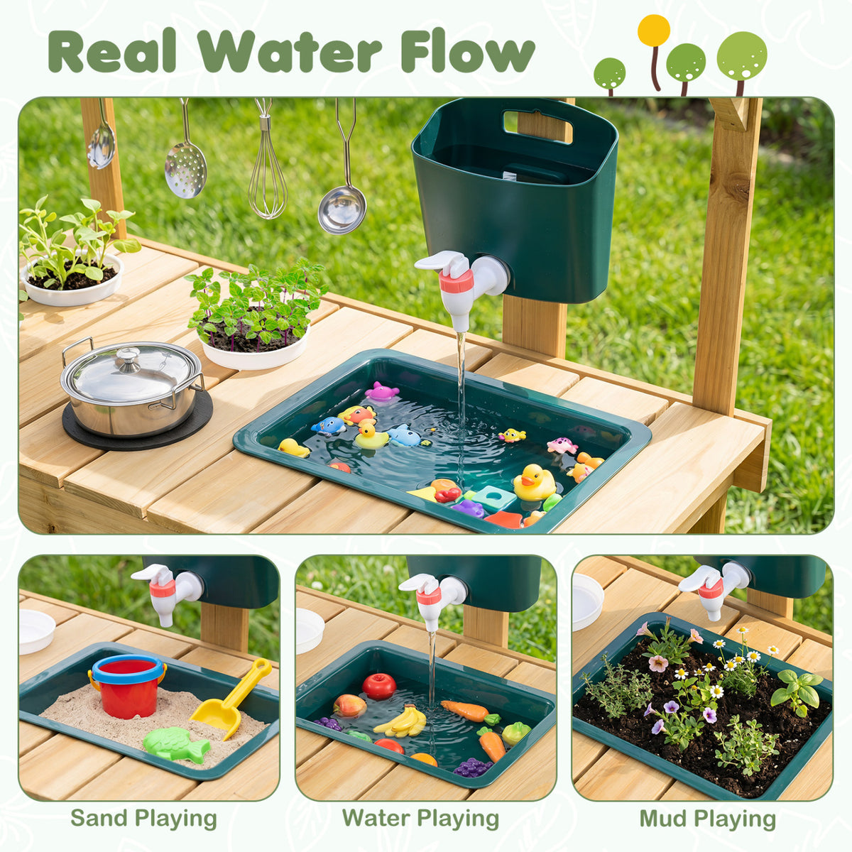 Kids Mud Kitchen Wooden Play Kitchen with Planter Box-Natural view 8