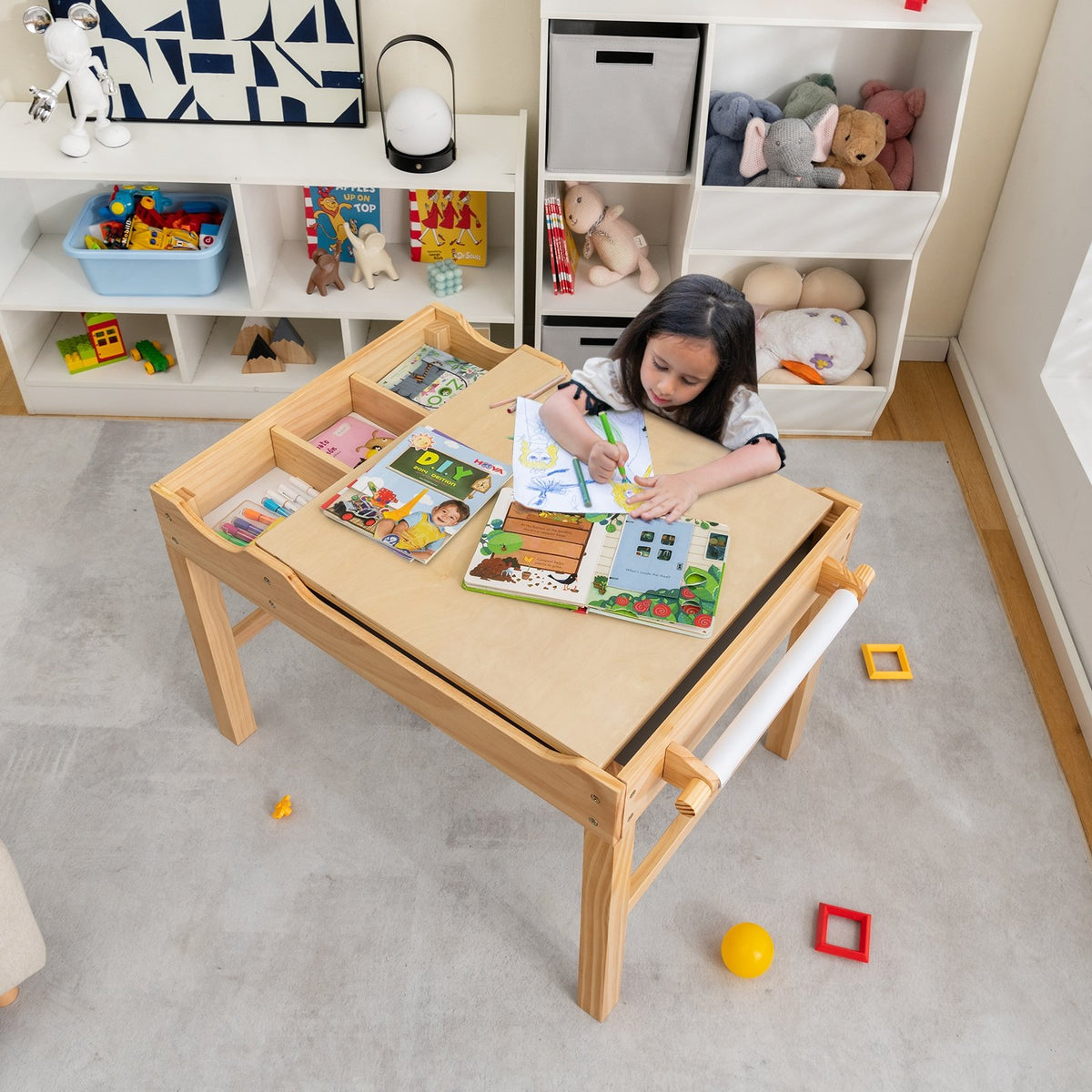 Kids Multi Activity Play Table Wooden Building Block Desk with Storage Paper Roll-Natural view 2