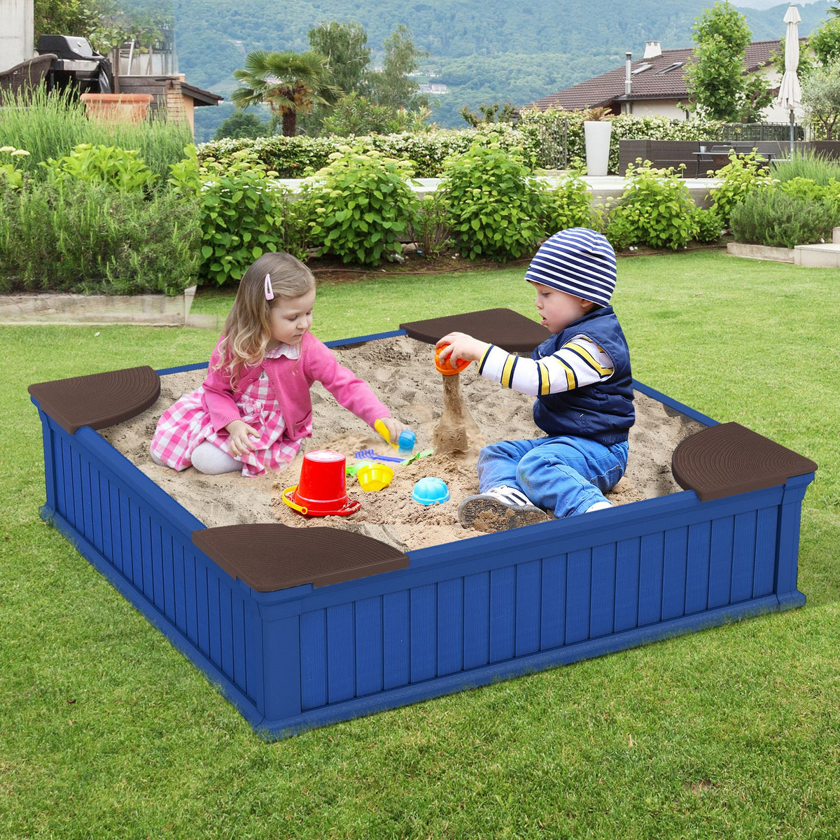 Kids Outdoor Sandbox with Oxford Cover and 4 Corner Seats-Navy view 3