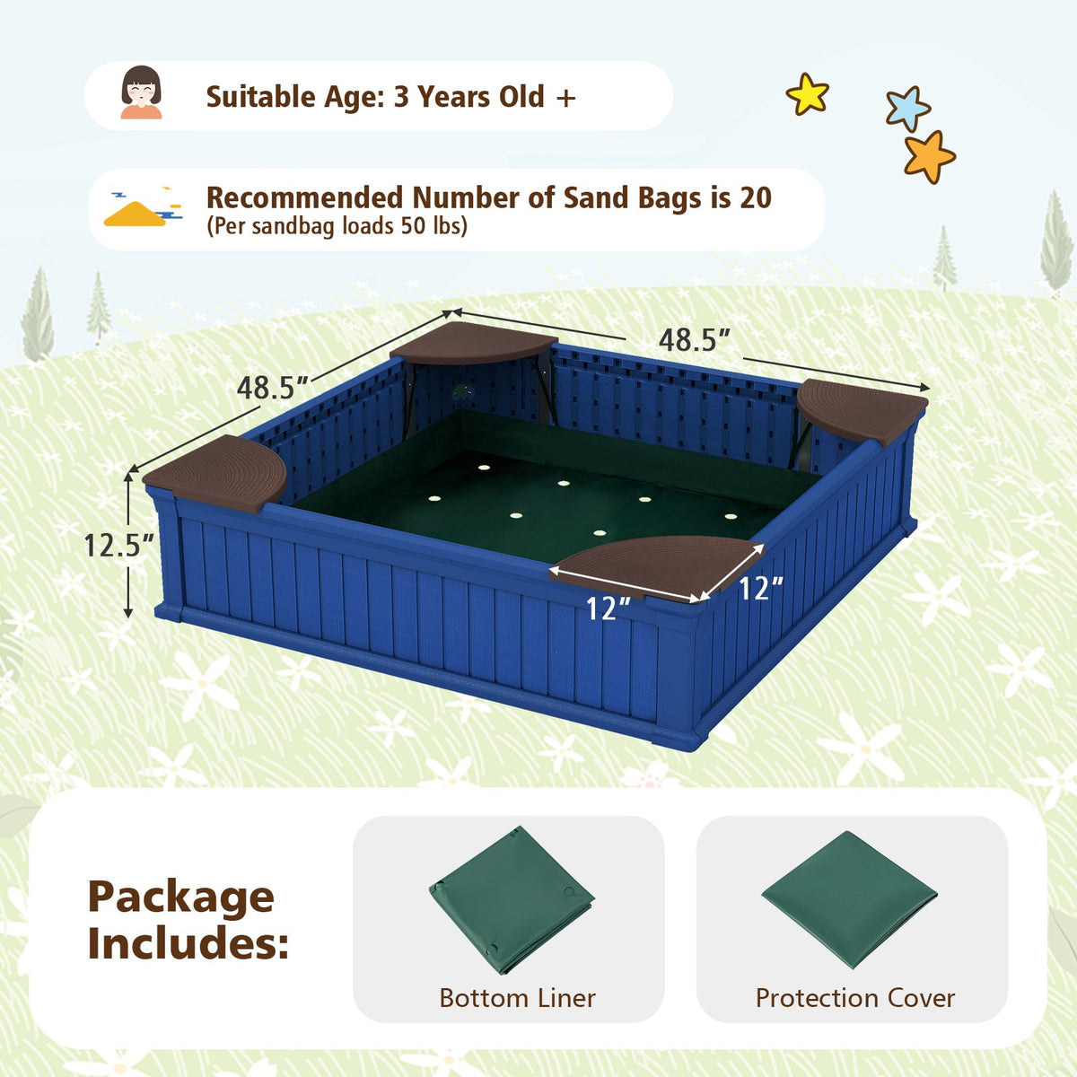 Kids Outdoor Sandbox with Oxford Cover and 4 Corner Seats-Navy view 5
