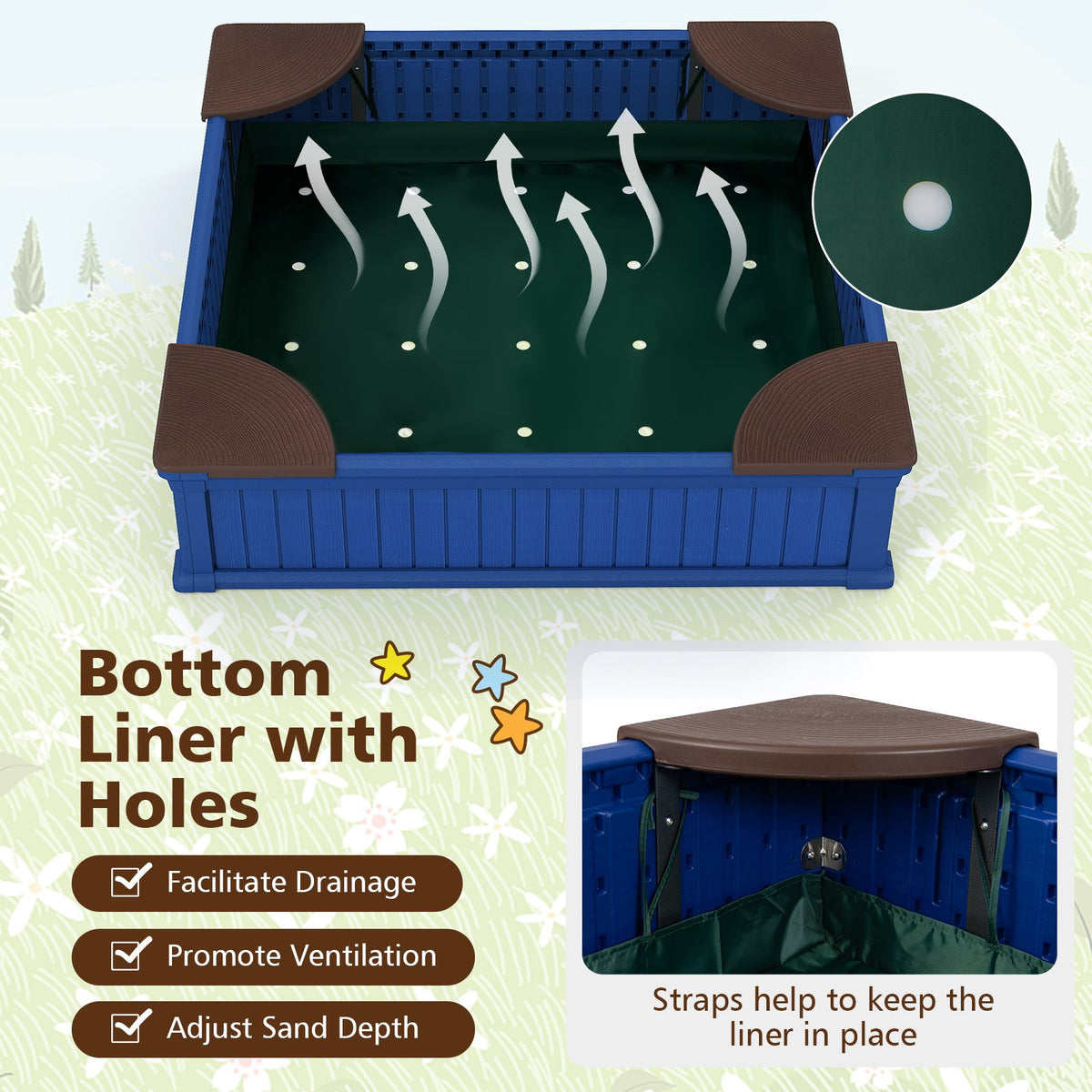 Kids Outdoor Sandbox with Oxford Cover and 4 Corner Seats-Navy view 7