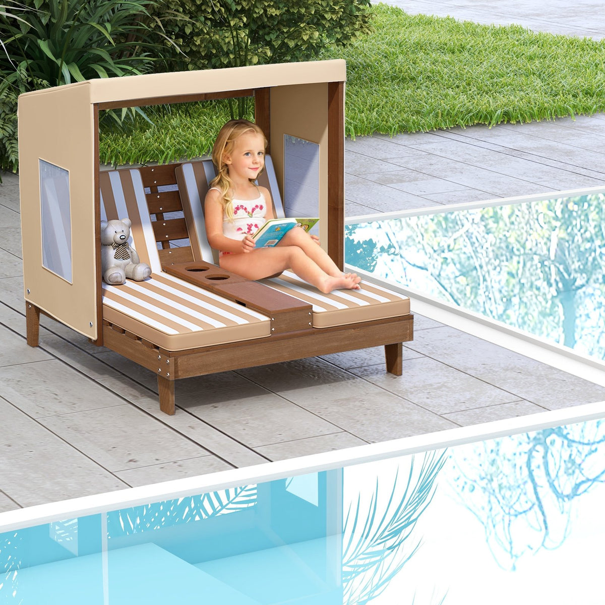 Kids Patio Lounge Chair with Cup Holders and Awning-Brown view 2