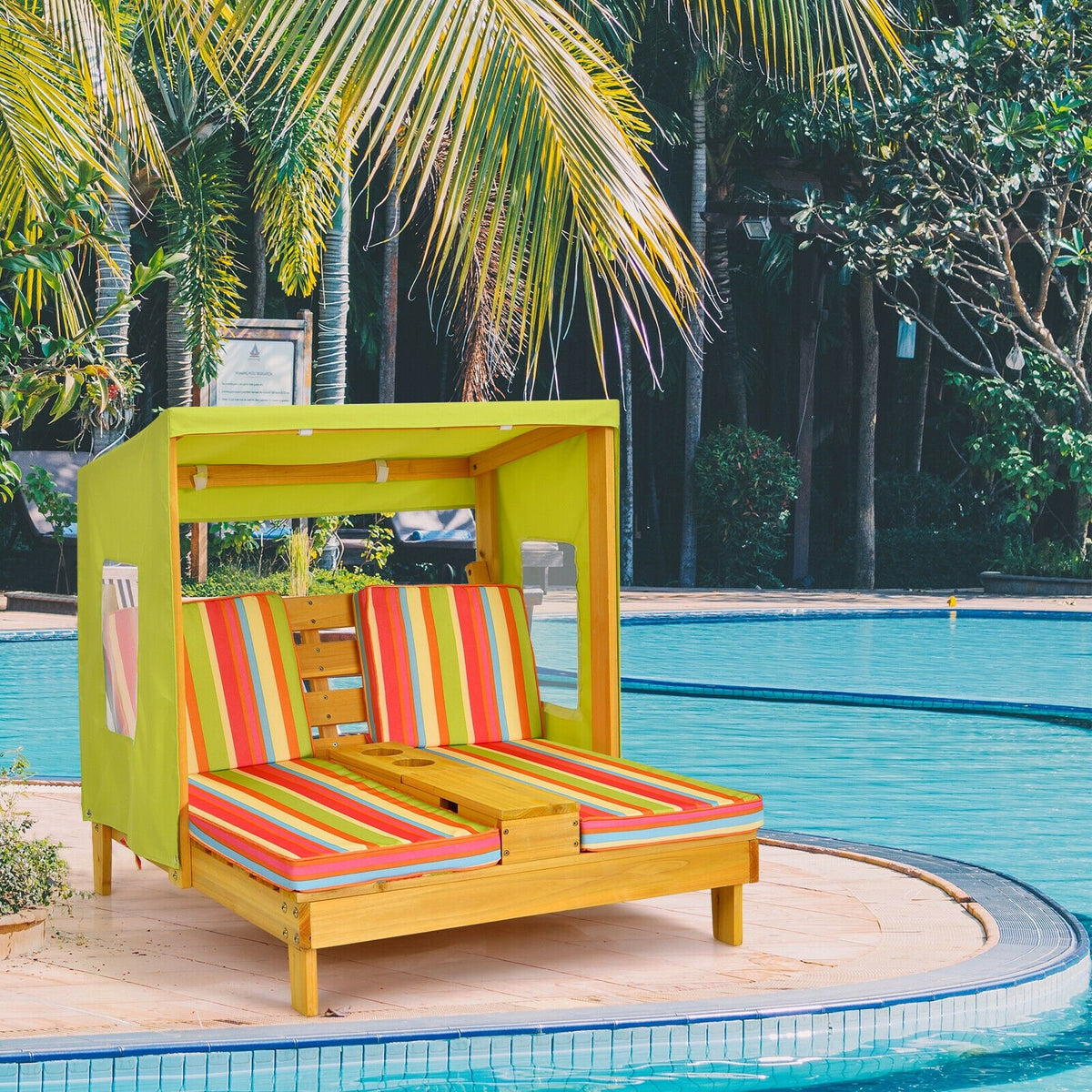 Kids Patio Lounge Chair with Cup Holders and Awning-Multicolor view 2
