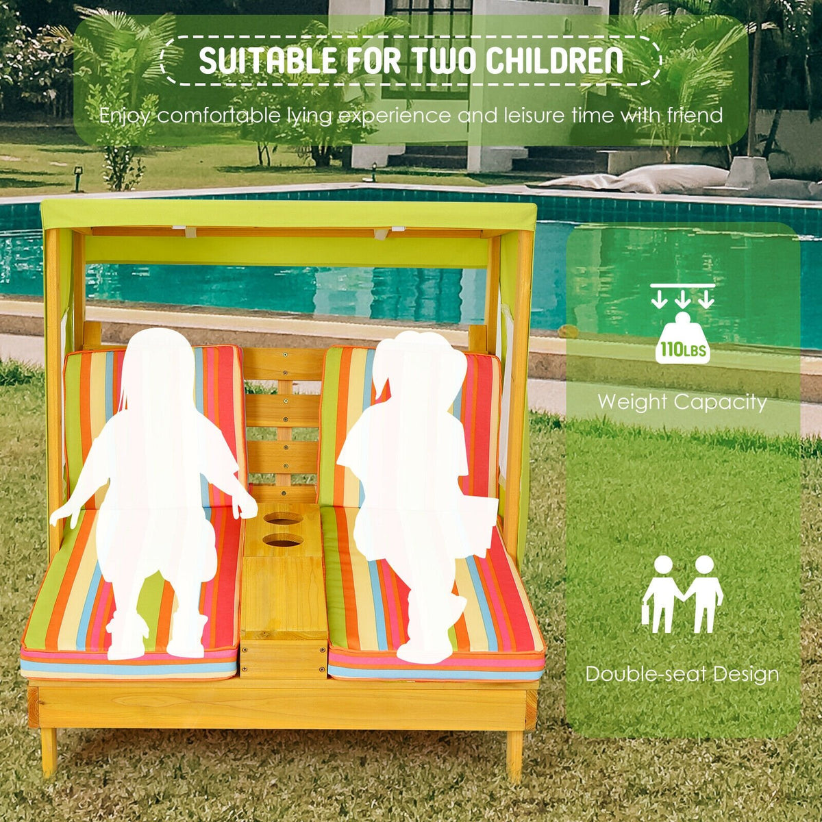 Kids Patio Lounge Chair with Cup Holders and Awning-Multicolor view 3