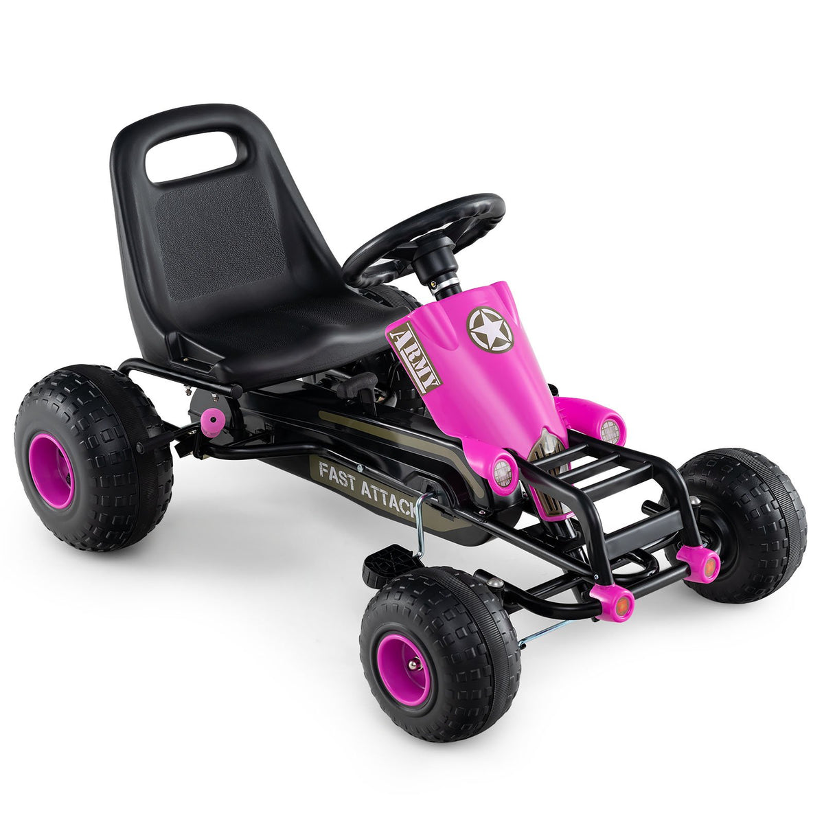 Kids Pedal Go Kart with Steering Wheel and Gear Shifter and Handbrake-Pink