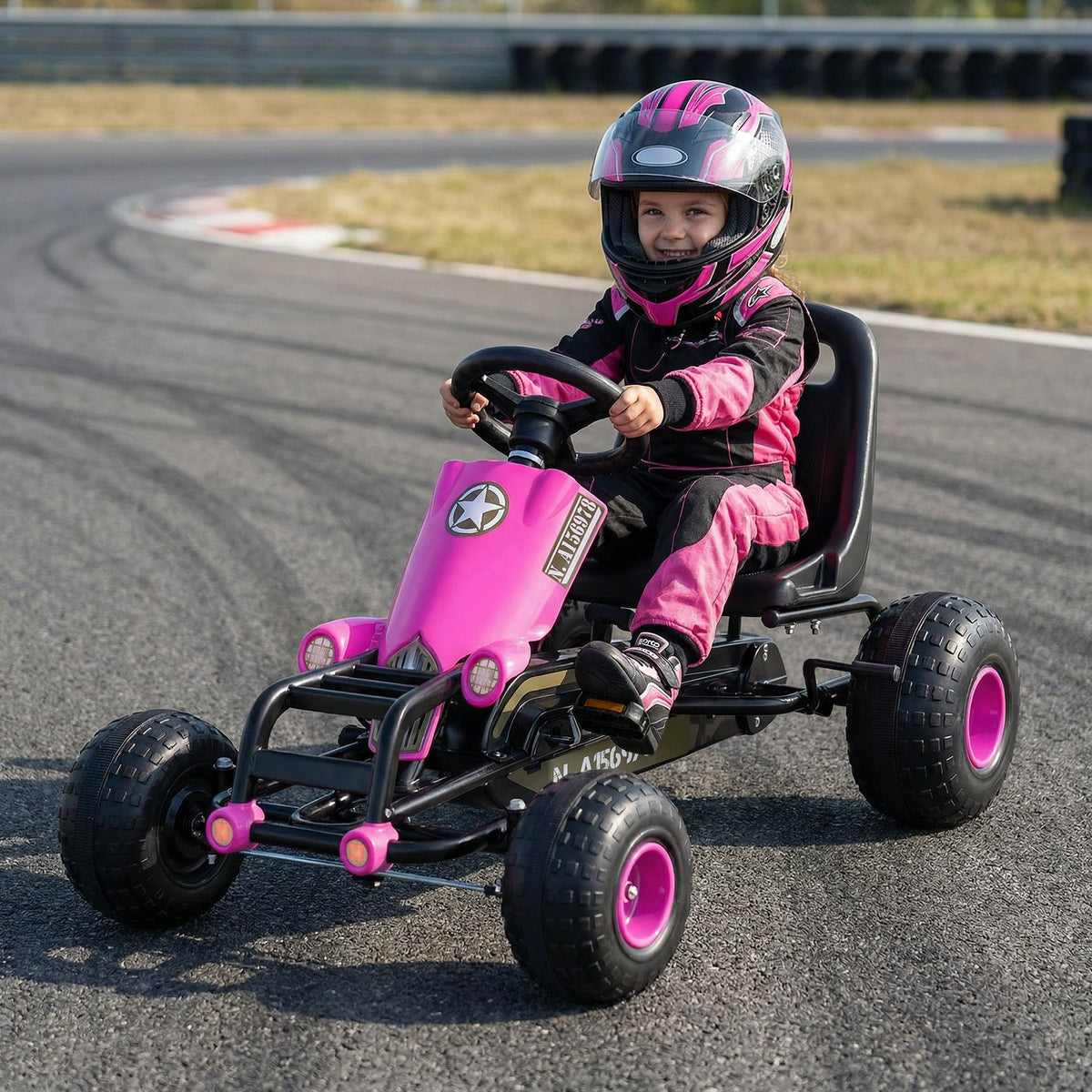 Kids Pedal Go Kart with Steering Wheel and Gear Shifter and Handbrake-Pink view 2