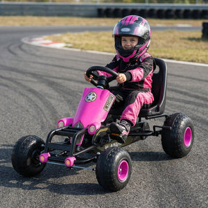 Kids Pedal Go Kart with Steering Wheel and Gear Shifter and Handbrake-Pink view 2