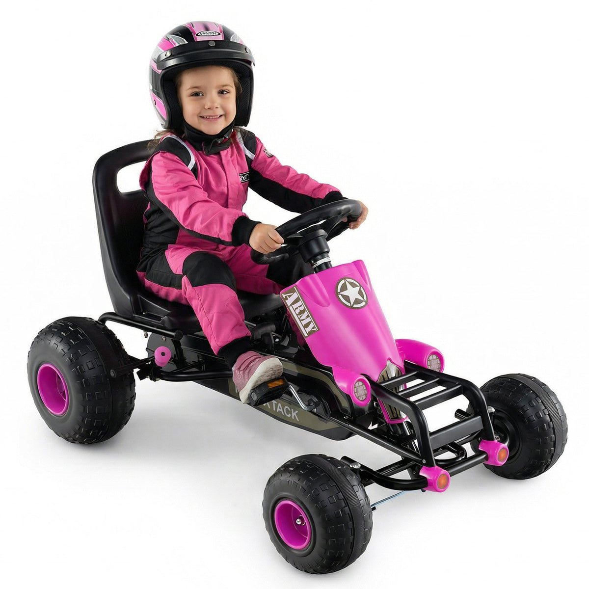 Kids Pedal Go Kart with Steering Wheel and Gear Shifter and Handbrake-Pink view 4