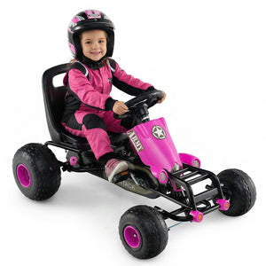 Kids Pedal Go Kart with Steering Wheel and Gear Shifter and Handbrake-Pink view 4