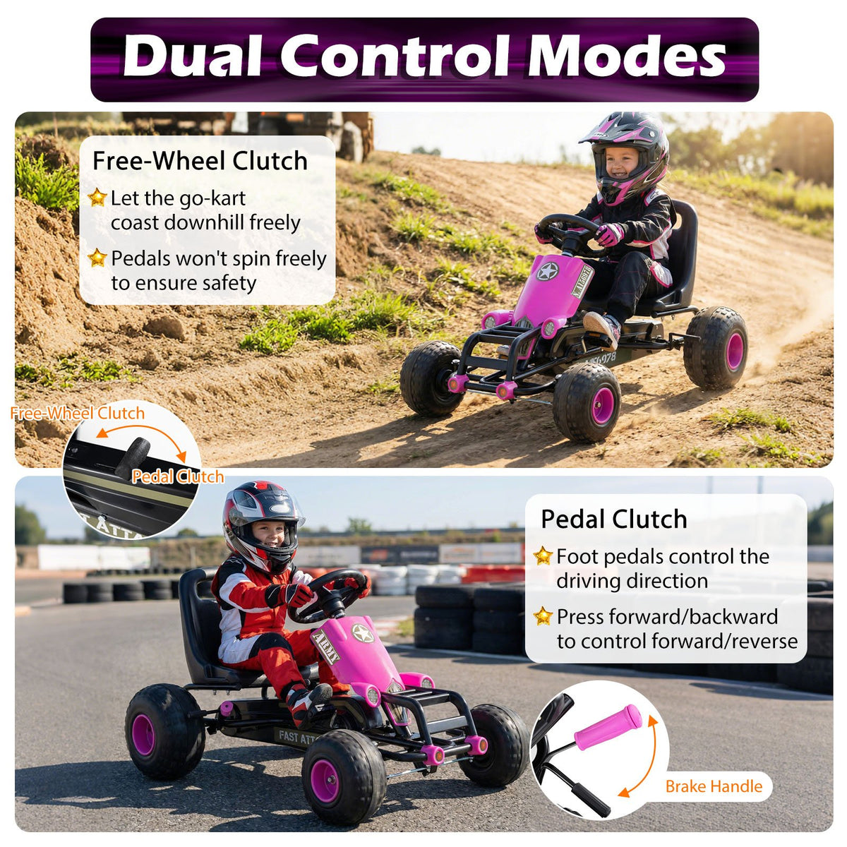 Kids Pedal Go Kart with Steering Wheel and Gear Shifter and Handbrake-Pink view 6