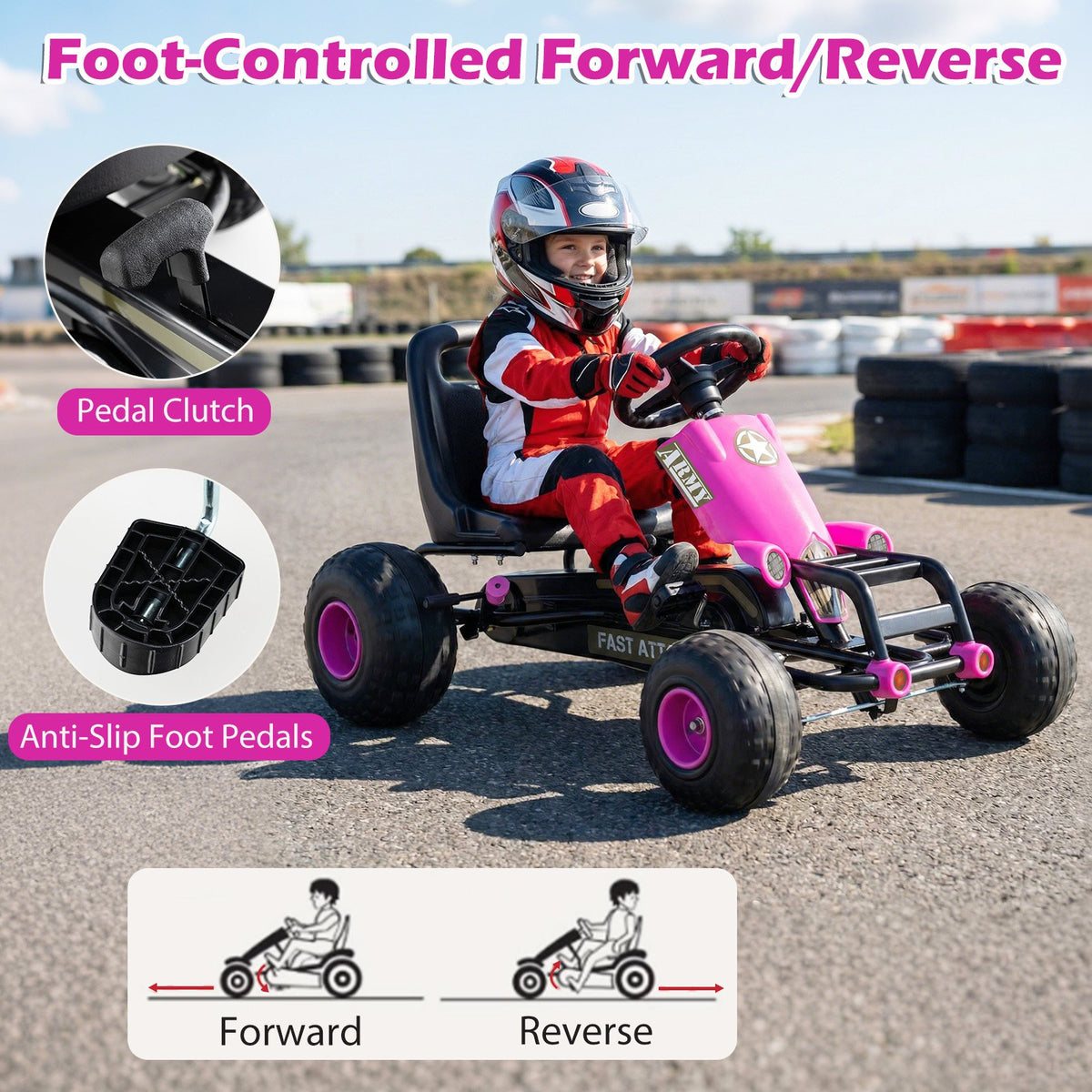 Kids Pedal Go Kart with Steering Wheel and Gear Shifter and Handbrake-Pink view 9