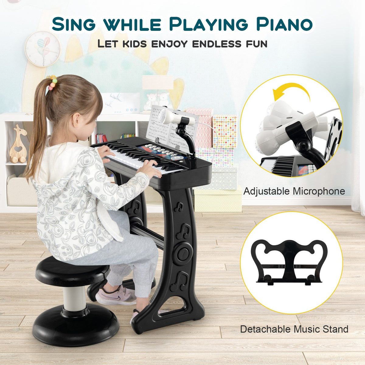 Kids Piano Keyboard 37-Key Kids Toy Keyboard Piano with Microphone for 3+ Kids-Black view 9