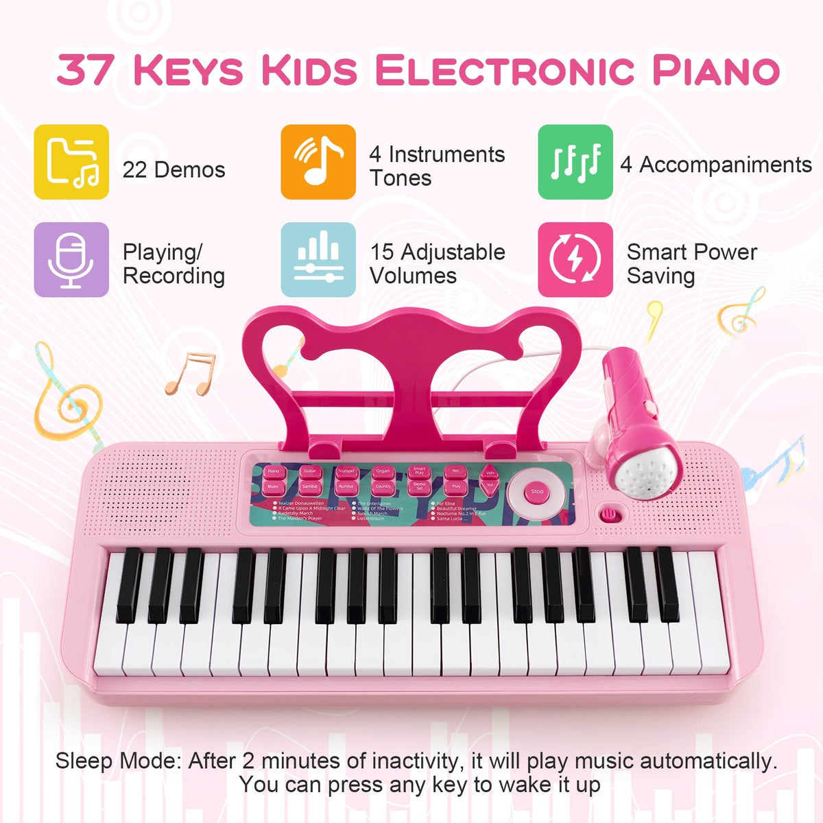 Kids Piano Keyboard 37-Key Kids Toy Keyboard Piano with Microphone for 3+ Kids-Pink view 8