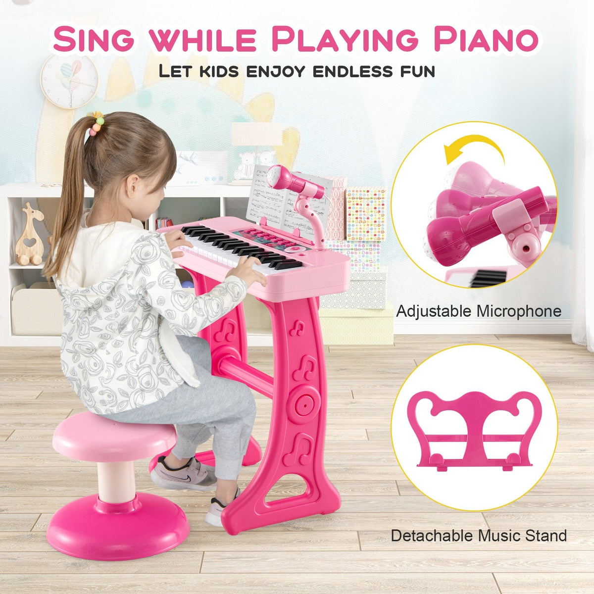 Kids Piano Keyboard 37-Key Kids Toy Keyboard Piano with Microphone for 3+ Kids-Pink view 9