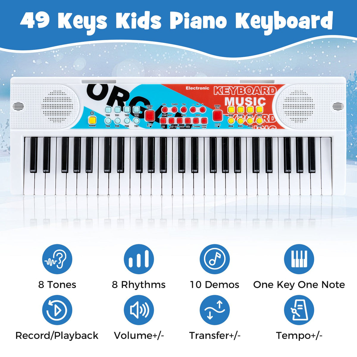 Kids Piano Keyboard 49 Keys Portable Electric Keyboard Piano with 8 Rhythms 8 Tones-White view 9