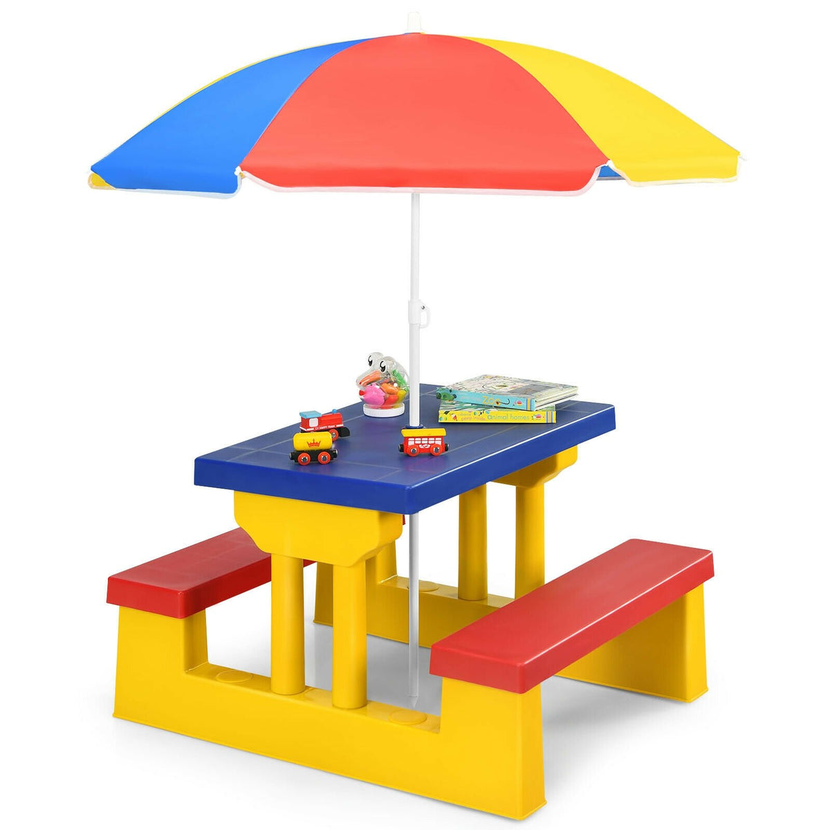 Kids Picnic Folding Table and Bench Set with Umbrella-Yellow