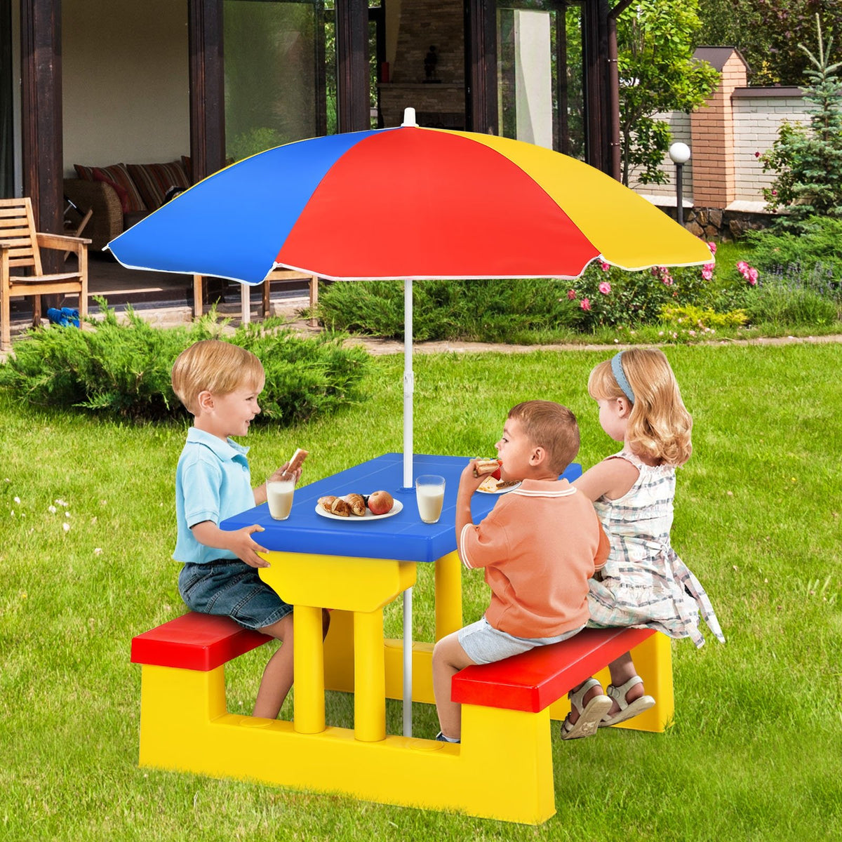 Kids Picnic Folding Table and Bench Set with Umbrella-Yellow view 2