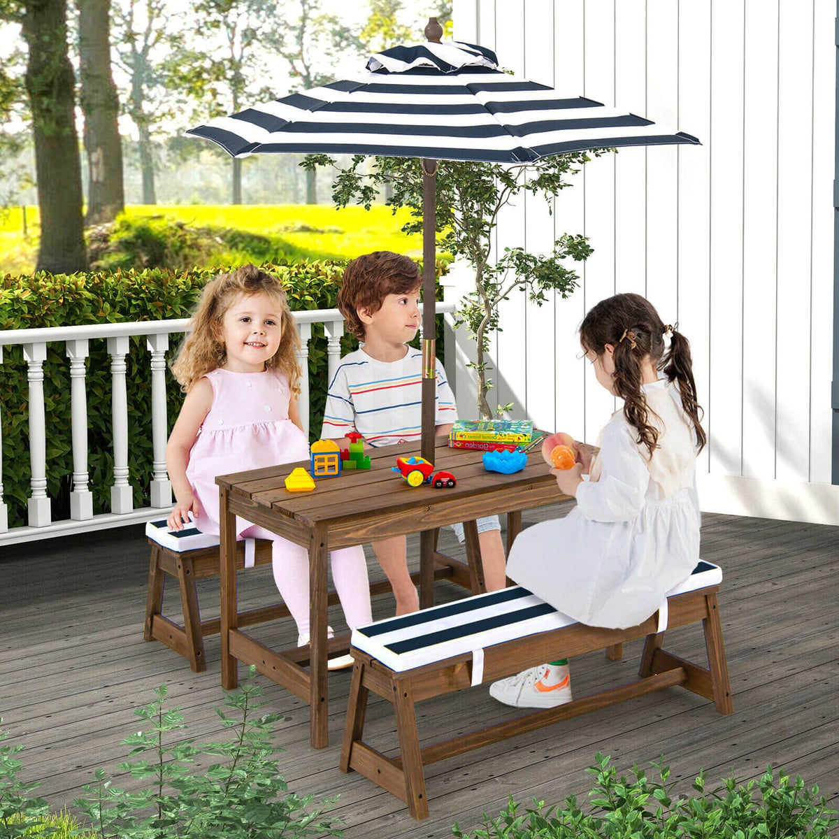 Kids Picnic Table and Bench Set with Cushions and Height Adjustable Umbrella-Blue view 2