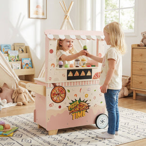 Kids Pizza Food Truck Wooden Pretend Play Snack Cart with Oven-Pink view 2