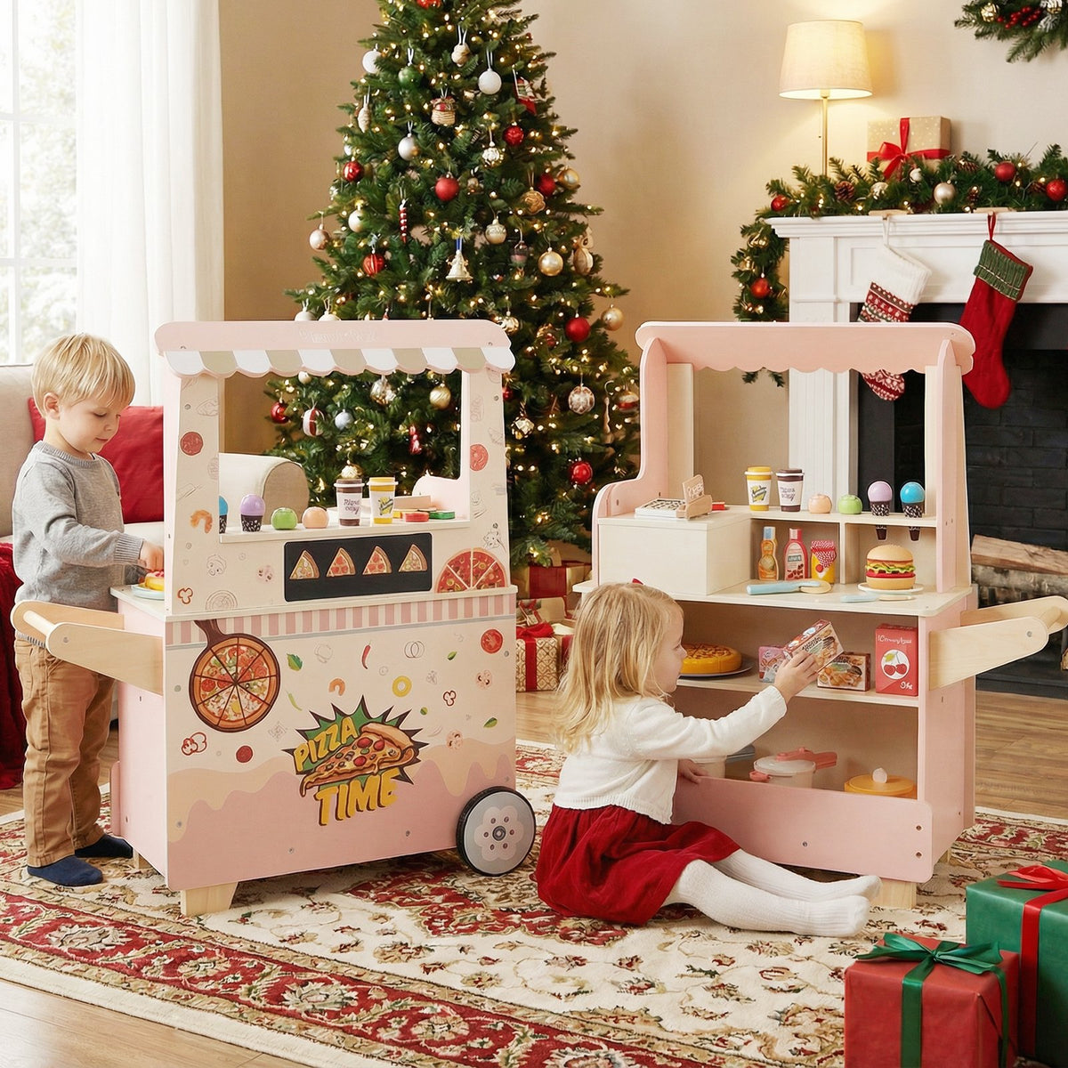 Kids Pizza Food Truck Wooden Pretend Play Snack Cart with Oven-Pink view 3