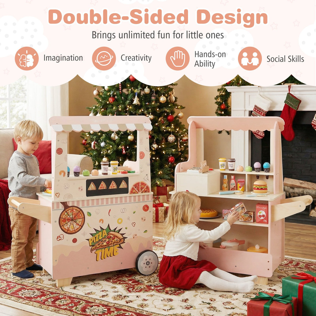 Kids Pizza Food Truck Wooden Pretend Play Snack Cart with Oven-Pink view 6