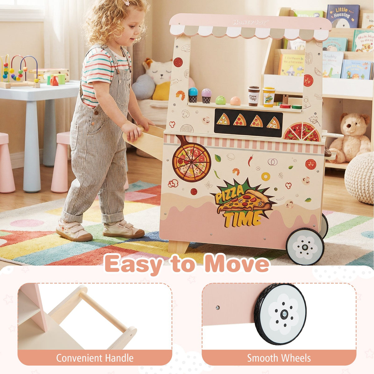 Kids Pizza Food Truck Wooden Pretend Play Snack Cart with Oven-Pink view 7