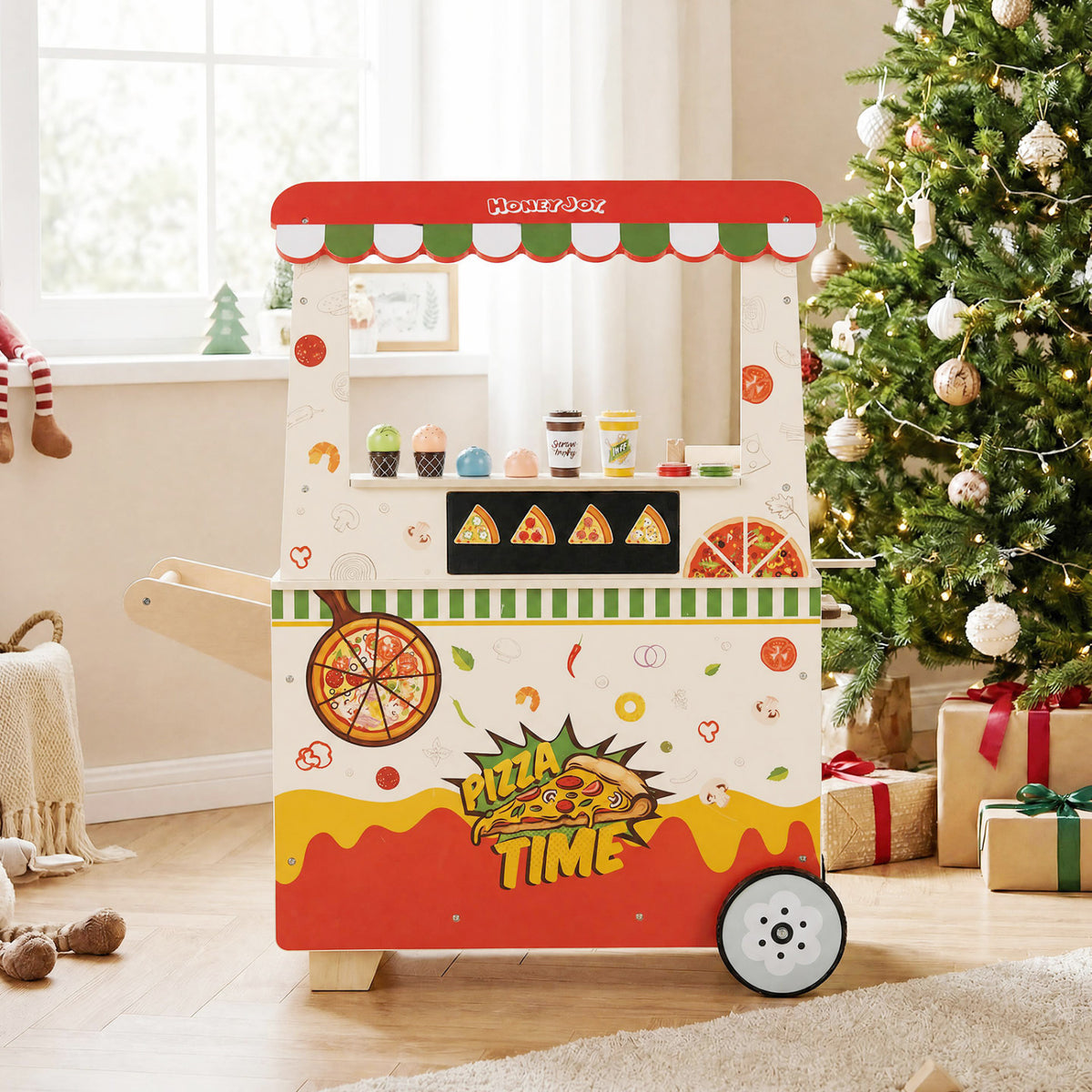 Kids Pizza Food Truck Wooden Pretend Play Snack Cart with Oven-Red view 2