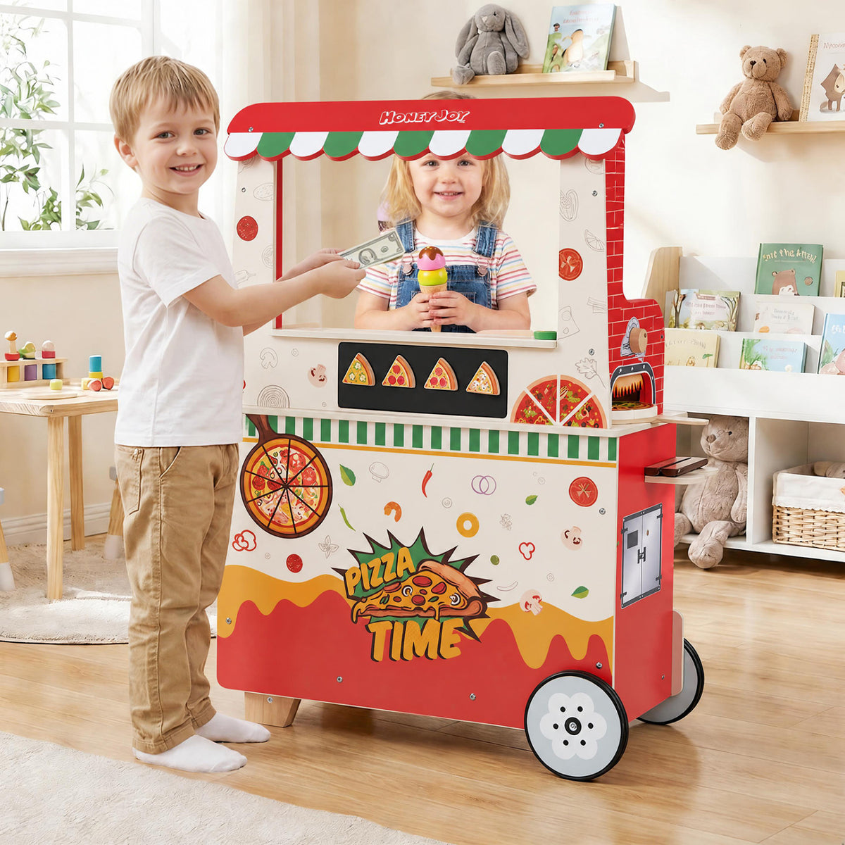 Kids Pizza Food Truck Wooden Pretend Play Snack Cart with Oven-Red view 3
