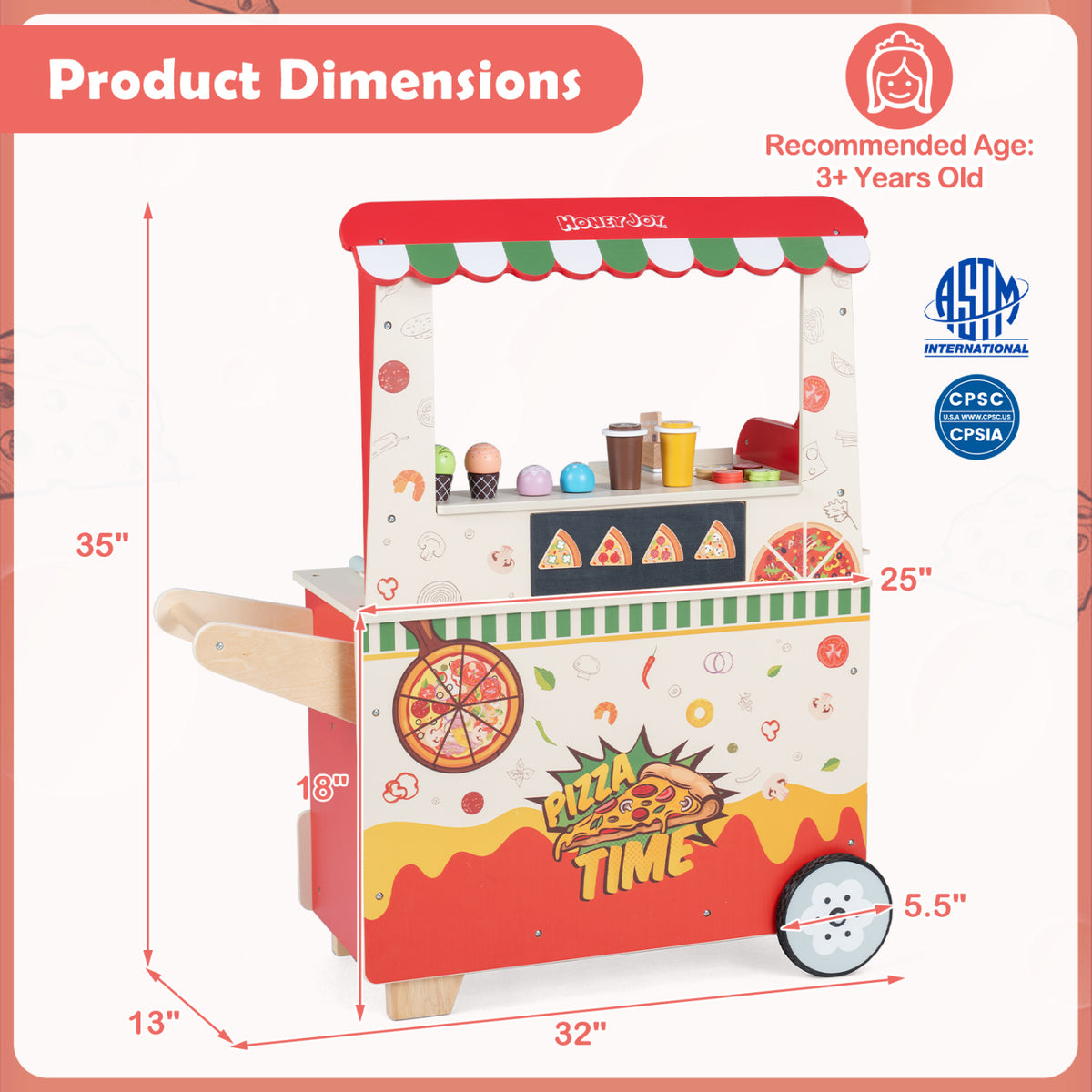 Kids Pizza Food Truck Wooden Pretend Play Snack Cart with Oven-Red view 5