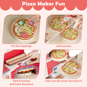 Kids Pizza Food Truck Wooden Pretend Play Snack Cart with Oven-Red view 6