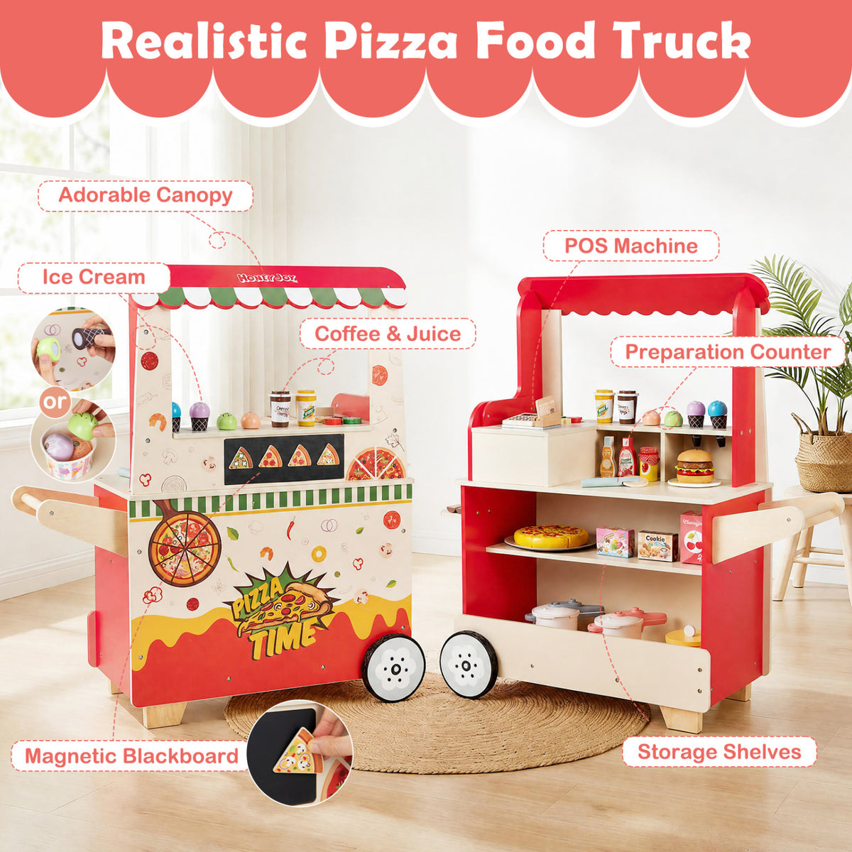 Kids Pizza Food Truck Wooden Pretend Play Snack Cart with Oven-Red view 7