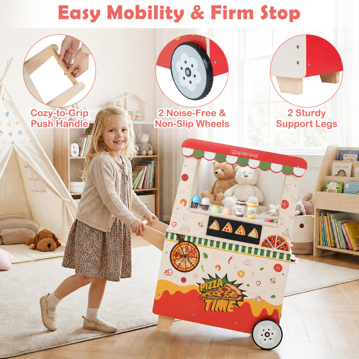 Kids Pizza Food Truck Wooden Pretend Play Snack Cart with Oven-Red view 9