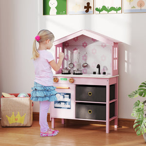 Kids Play Kitchen Children Toy Kitchen Playset with 2 Stoves and Rotation Knobs-Pink view 3