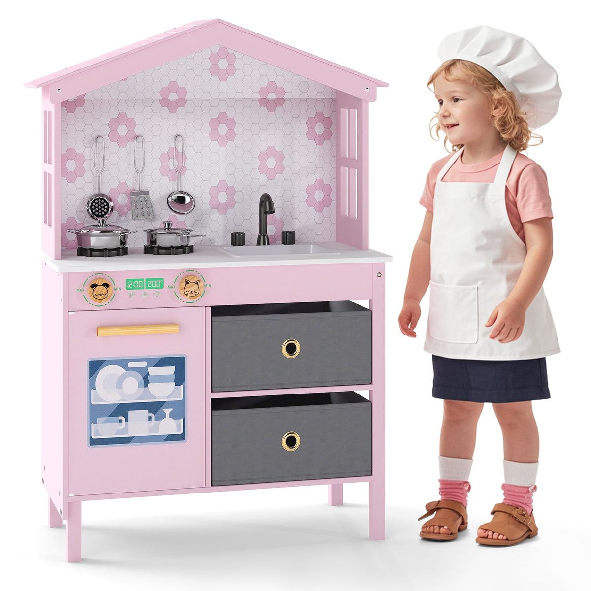 Kids Play Kitchen Children Toy Kitchen Playset with 2 Stoves and Rotation Knobs-Pink view 4