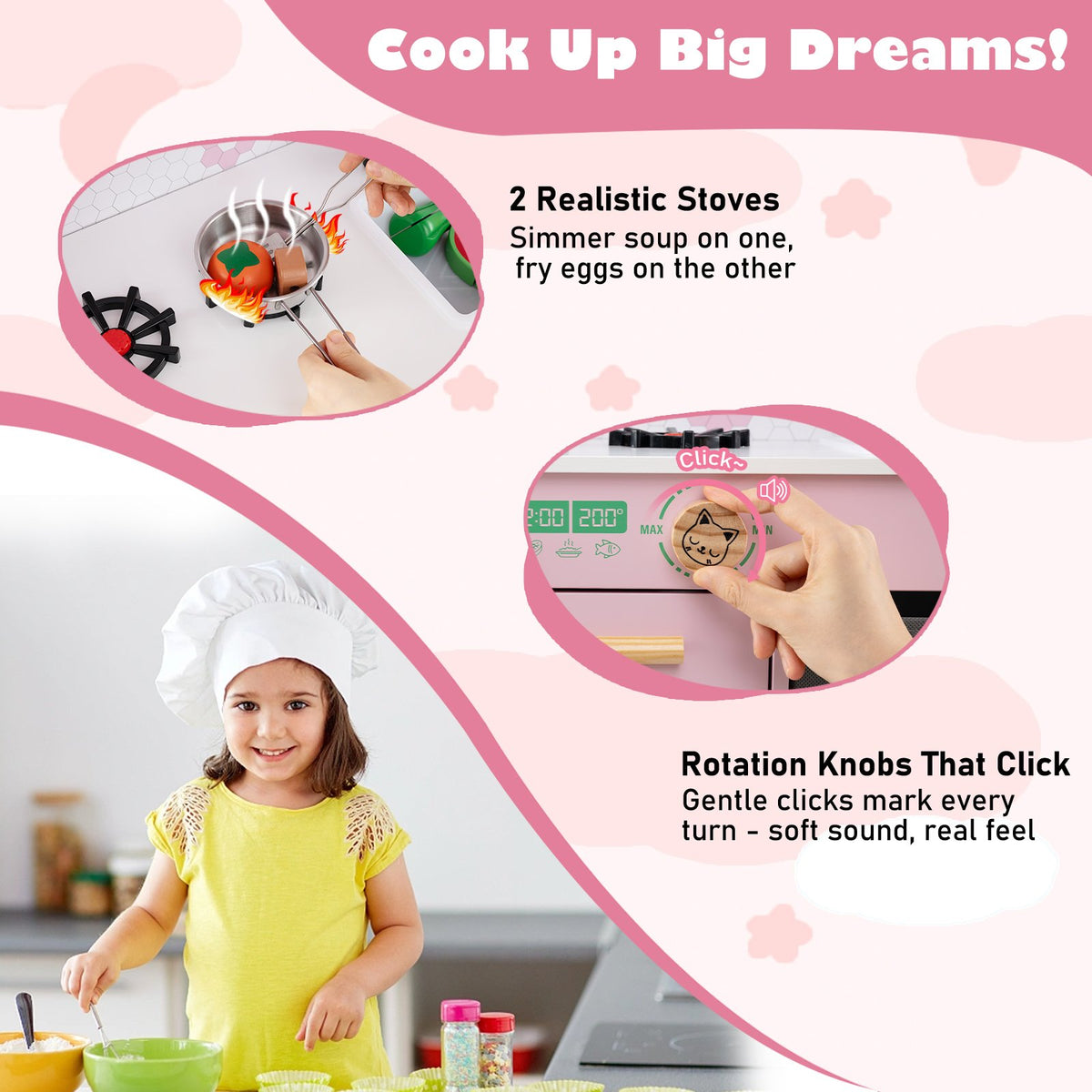 Kids Play Kitchen Children Toy Kitchen Playset with 2 Stoves and Rotation Knobs-Pink view 6