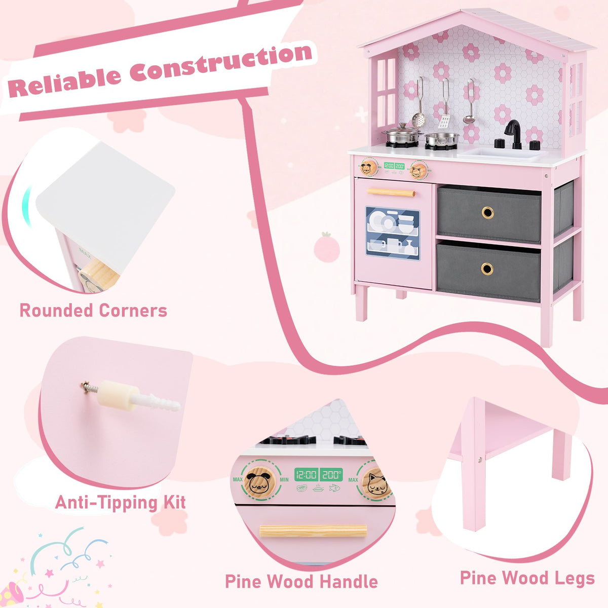 Kids Play Kitchen Children Toy Kitchen Playset with 2 Stoves and Rotation Knobs-Pink view 9