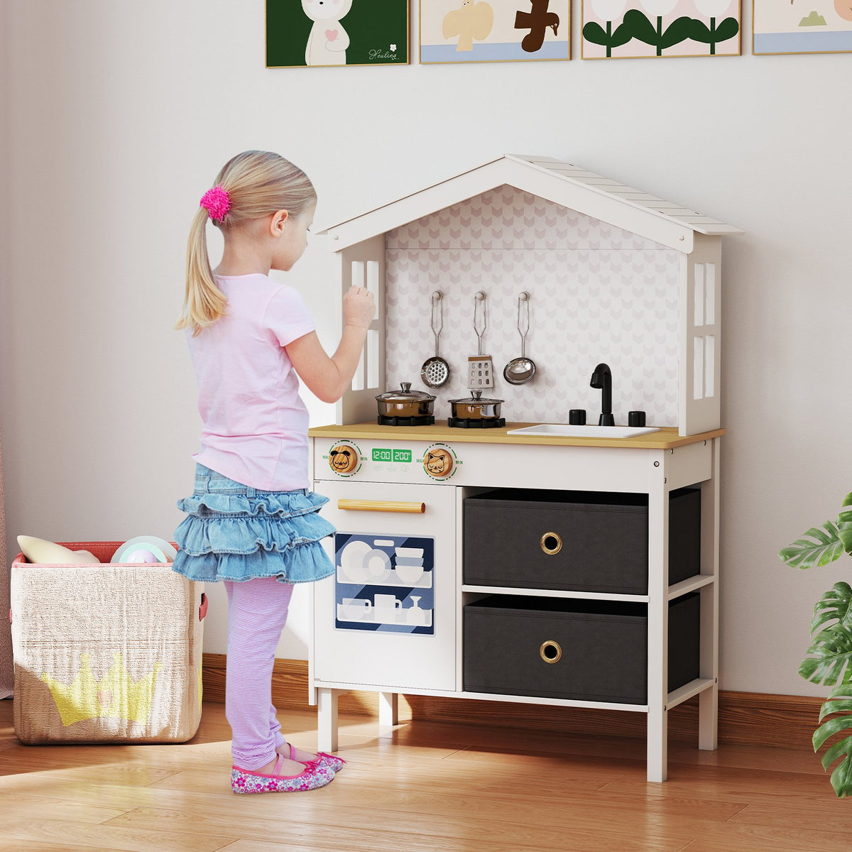 Kids Play Kitchen Children Toy Kitchen Playset with 2 Stoves and Rotation Knobs-White view 3
