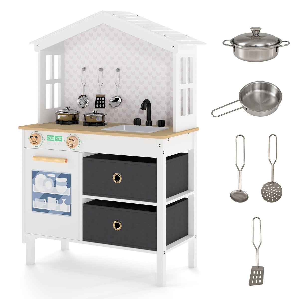 Kids Play Kitchen Children Toy Kitchen Playset with 2 Stoves and Rotation Knobs-White view 4