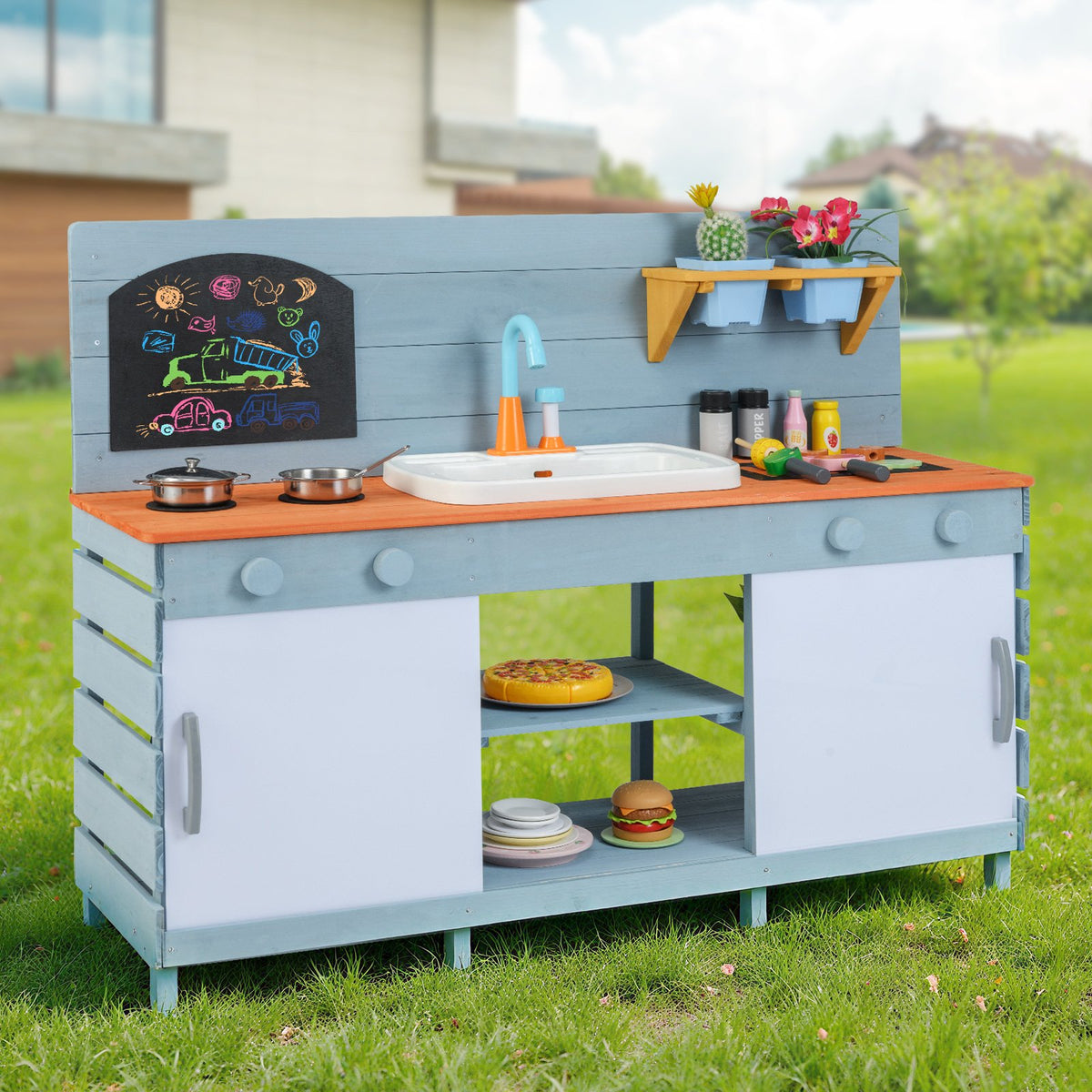 Kids Play Kitchen Set with Stoves for Boys Girls Aged 3-8-Blue view 2