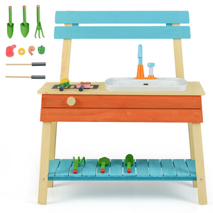 Kids Play Kitchen Set, Wooden Kitchen Playset Chef Pretend Mud Kitchen-Blue