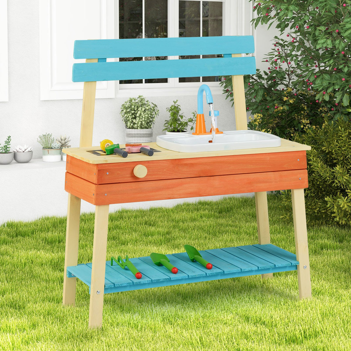 Kids Play Kitchen Set, Wooden Kitchen Playset Chef Pretend Mud Kitchen-Blue view 2