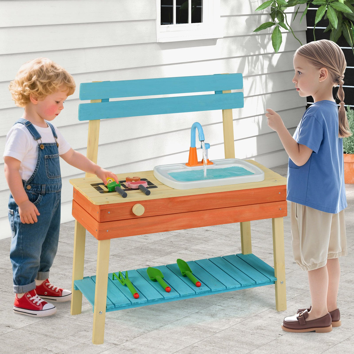 Kids Play Kitchen Set, Wooden Kitchen Playset Chef Pretend Mud Kitchen-Blue view 3