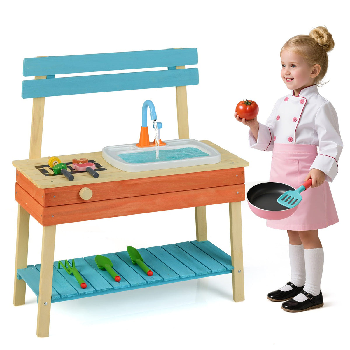 Kids Play Kitchen Set, Wooden Kitchen Playset Chef Pretend Mud Kitchen-Blue view 4