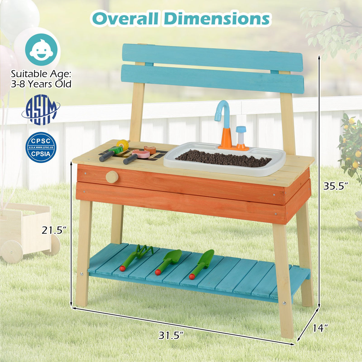 Kids Play Kitchen Set, Wooden Kitchen Playset Chef Pretend Mud Kitchen-Blue view 5