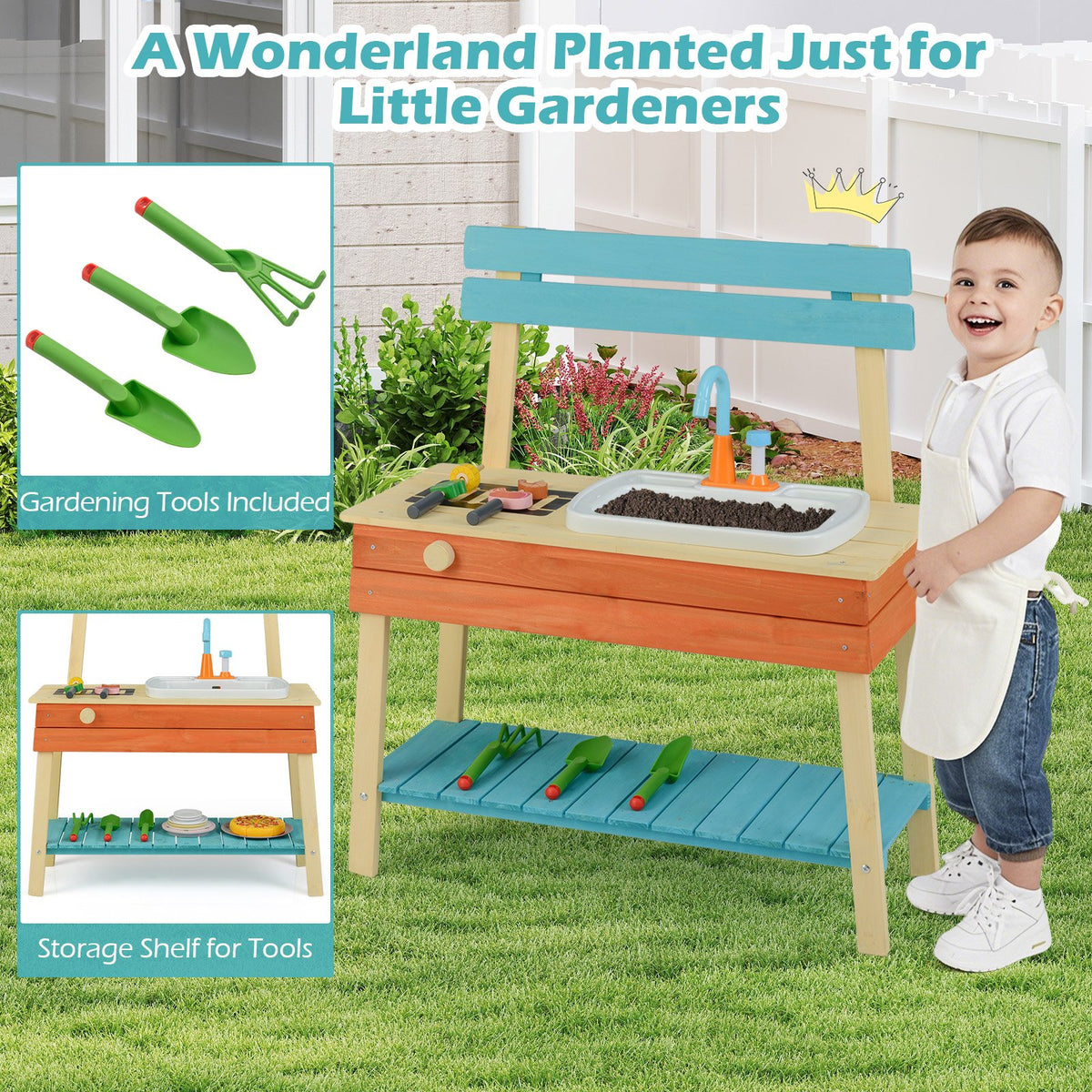 Kids Play Kitchen Set, Wooden Kitchen Playset Chef Pretend Mud Kitchen-Blue view 8